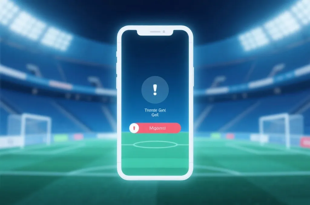 A conceptual illustration of a mobile phone receiving real-time sports goal notifications, minimalist design, elegant glow, sports stadium abstract background, editorial photography