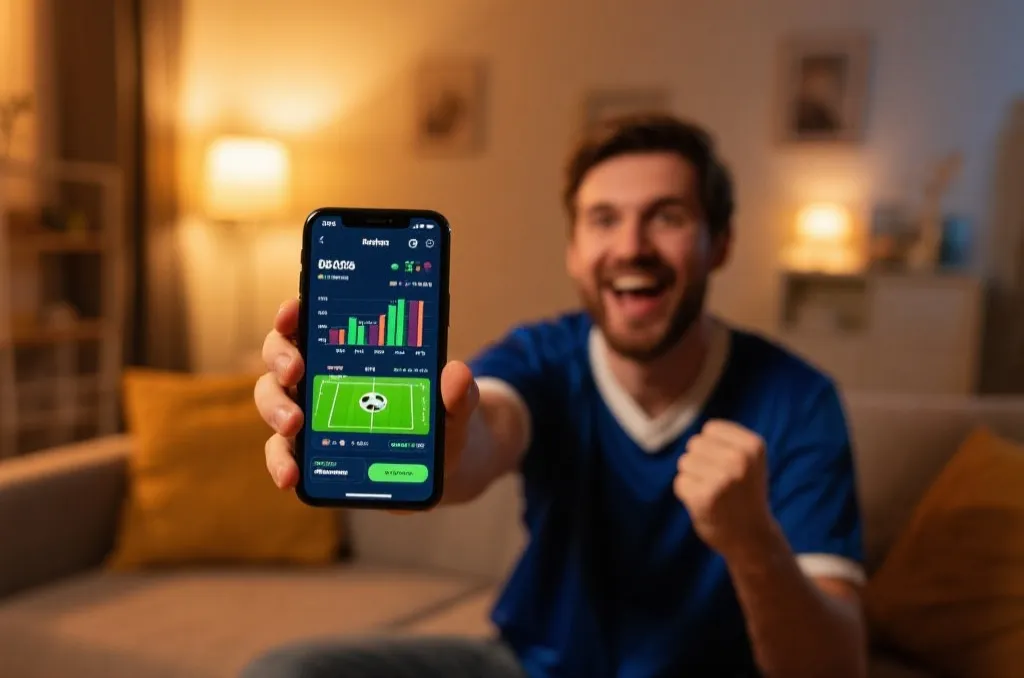 An enthusiastic sports fan holding a smartphone displaying real-time sports analytical charts and soccer match details, cozy living room background, warm lighting